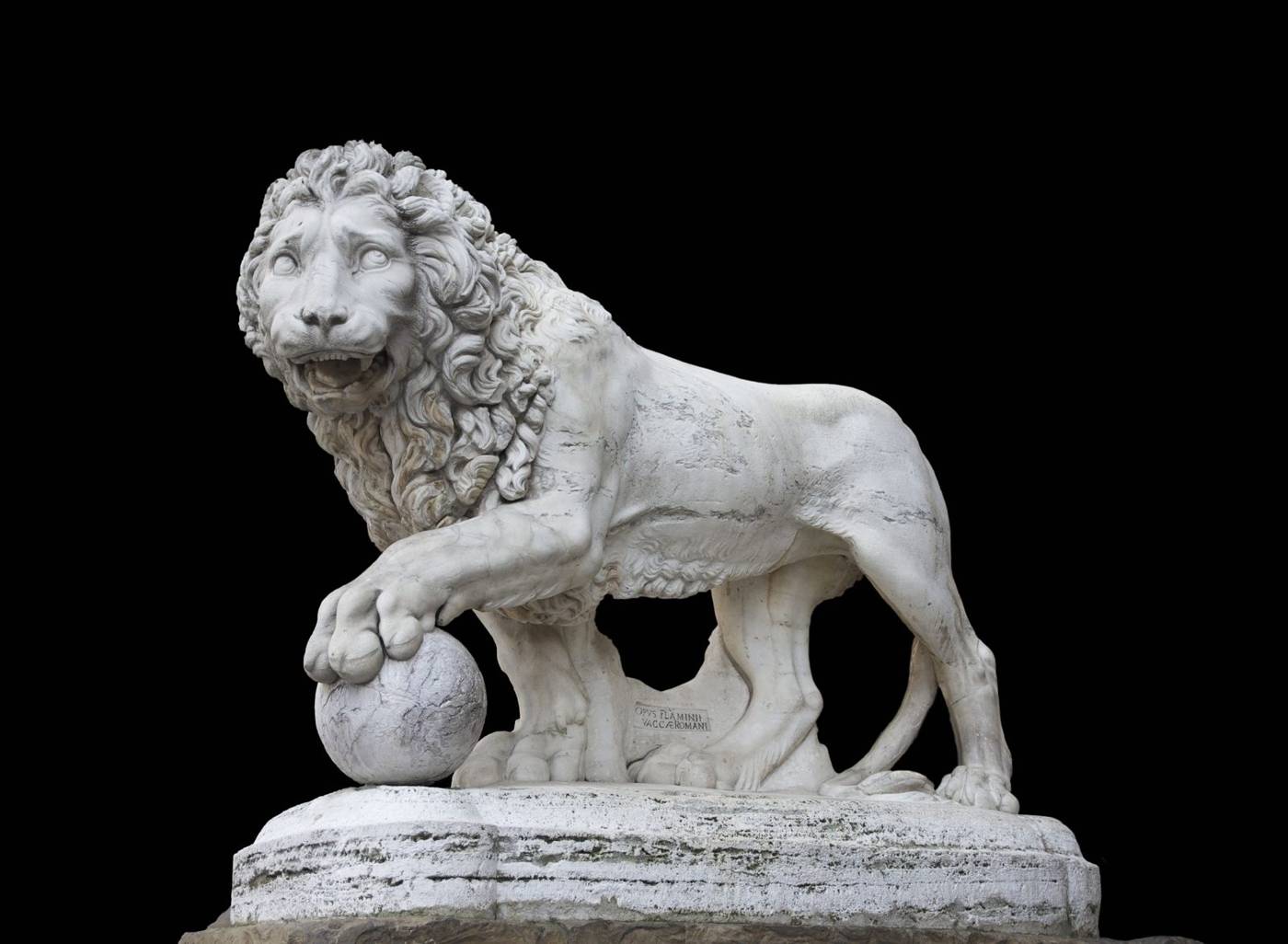 Marble Medici lion with its paw on a globe